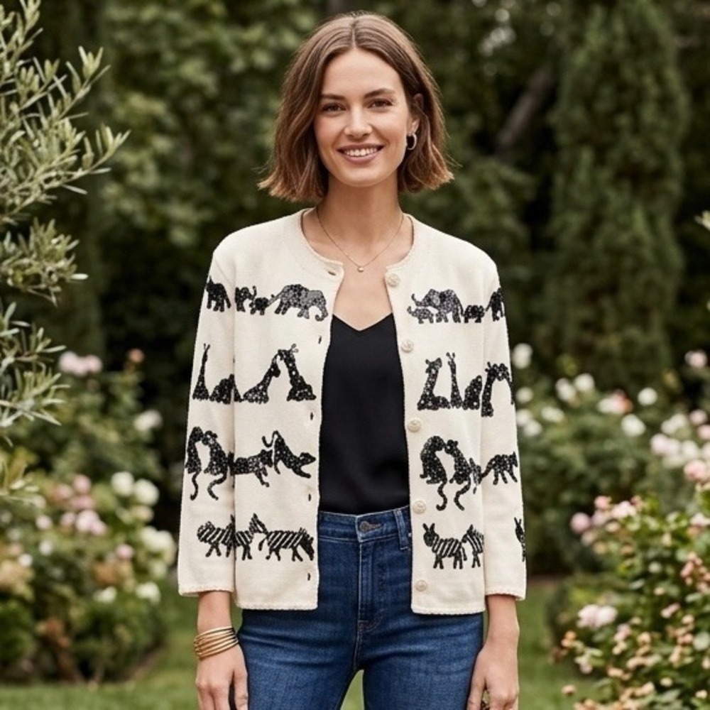 VTG‎ Michael Simon Women's Cream Sequins Animal Print Cardigan Sweater Size M